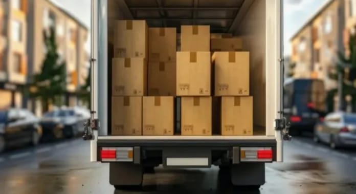 Baú de caminhão com caixas organizadas para entrega